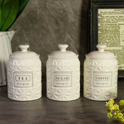 White Ceramic Sugar, Tea & Coffee Jars
