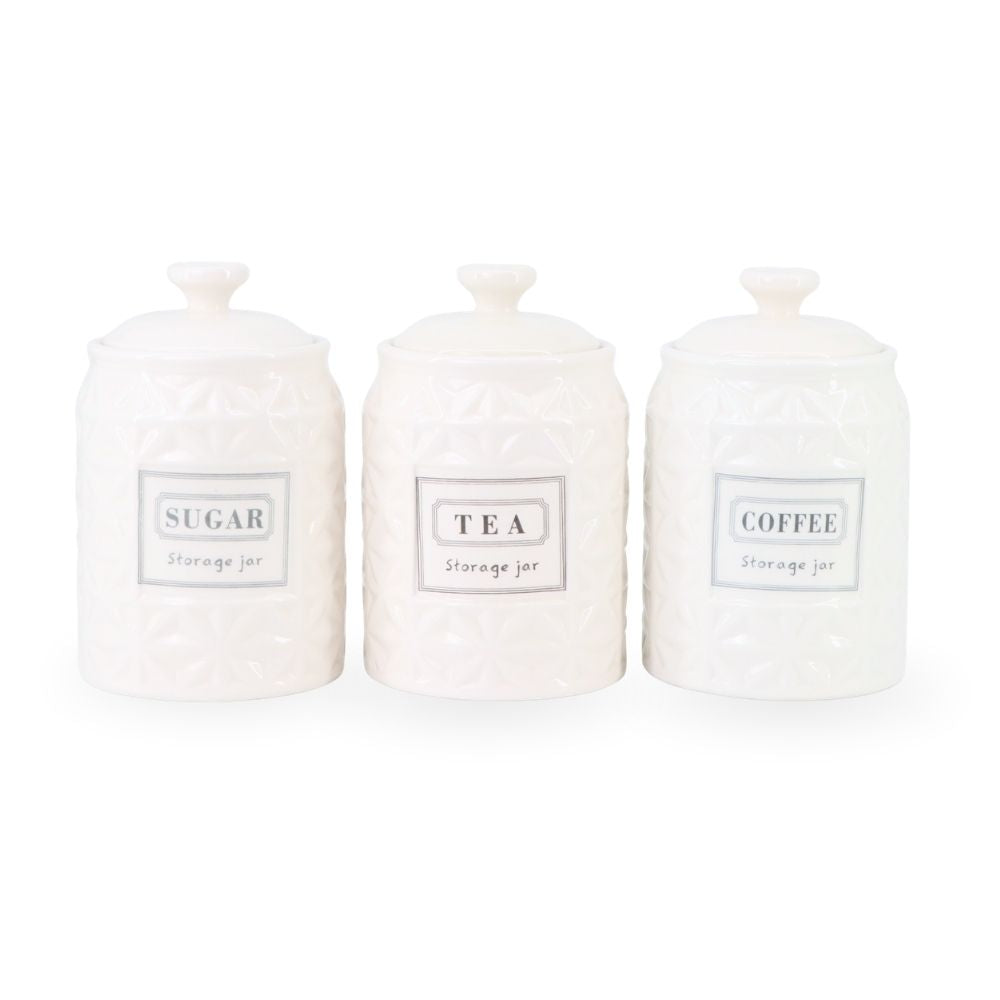 White Ceramic Sugar, Tea & Coffee Jars