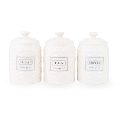 White Ceramic Sugar, Tea & Coffee Jars