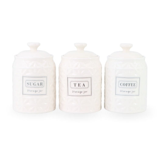 White Ceramic Sugar, Tea & Coffee Jars