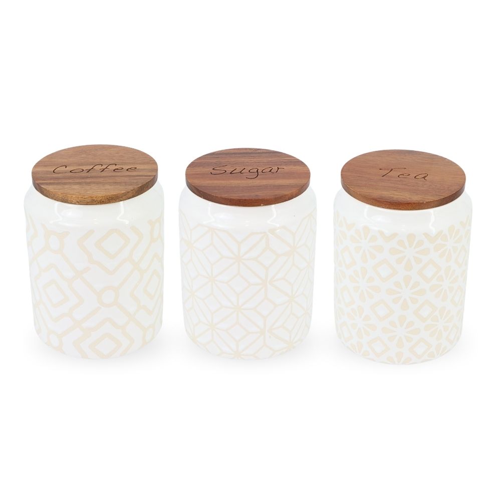 White Ceramic Sugar Coffee Tea Jar w/ Wooden Lid