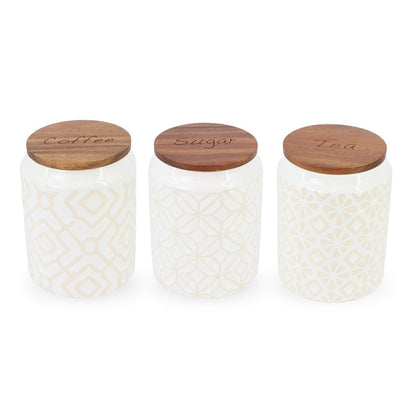 White Ceramic Sugar Coffee Tea Jar w/ Wooden Lid