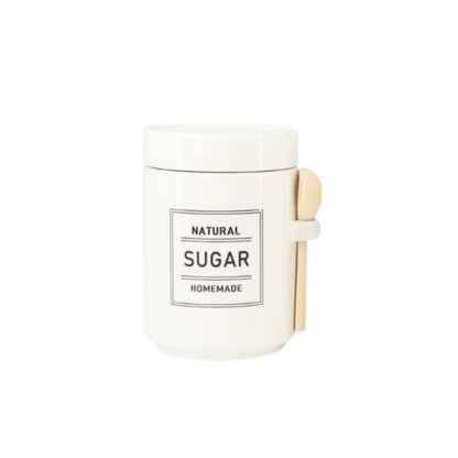 White Ceramic Sugar, Tea & Coffee Jars w/ Wooden Spoon