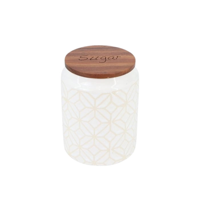 White Ceramic Sugar Coffee Tea Jar w/ Wooden Lid