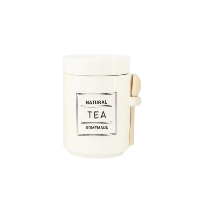 White Ceramic Sugar, Tea & Coffee Jars w/ Wooden Spoon